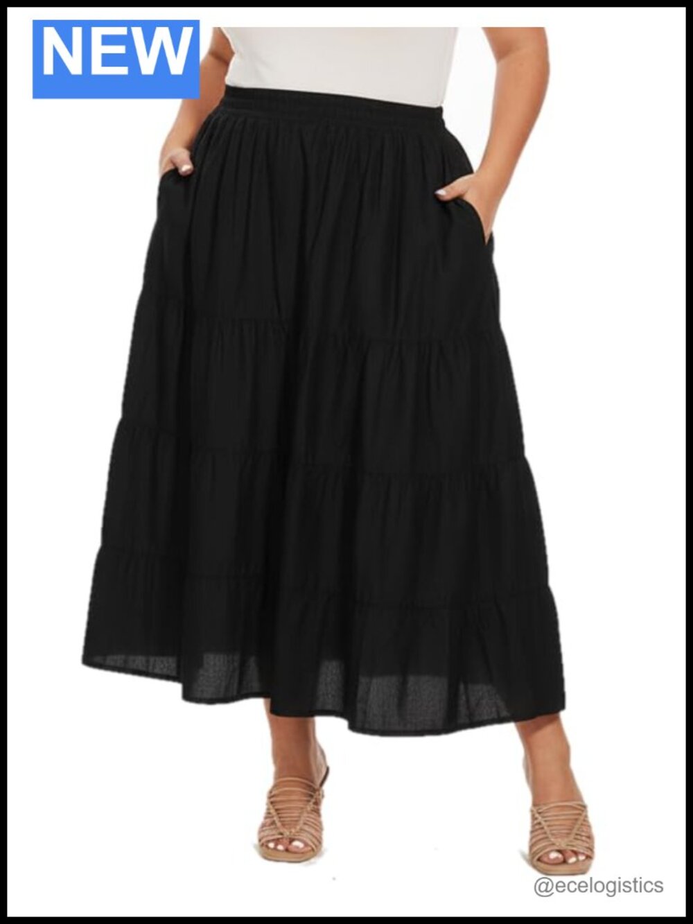 Plus Size Cotton Boho Maxi Tiered Skirt with Pockets Elastic Waist A-Line